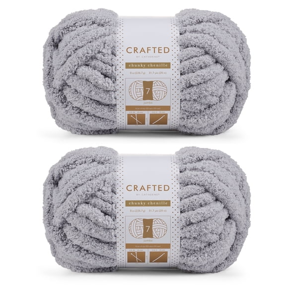 Crafted By Catherine Chunky Chenille Yarn - 2 Pack (8oz / 227g, 31.7 Yards Each Skein), Light Grey, Gauge 7 Jumbo