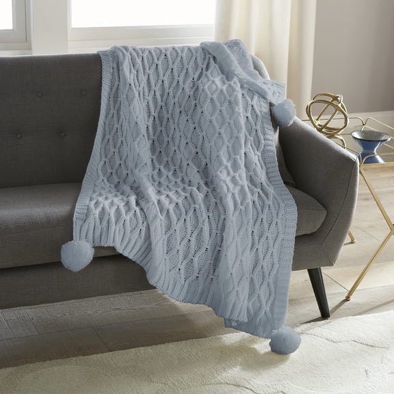 Crafted by Catherine Pom-Pom Sweater Knit Throw 50" x 60", Cozy Sweater Knit Throw, Super Soft, Blue