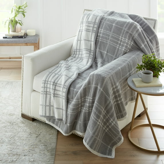 Crafted by Catherine Quinn Plaid Cozy Knit Throw Blanket 60" x 70" Inches, Soft Comfy Decorative Throw for Couch Bed Sofa Travel, Grey
