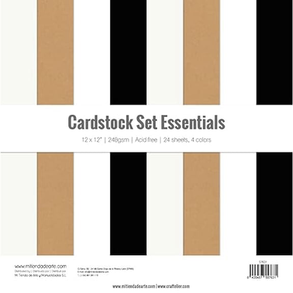 Craftelier - Cardstock Set | Pack of 24 Double-sided Cardstock for Cardmaking, Scrapbooking and Craft Projects | Different Sizes, Colours and Textures (Essentials, 12" x 12")