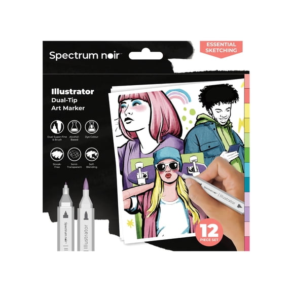 Crafter's Companion Spectrum Noir Illustrator Twin Tip Blendable Alcohol Based Markers - Pack of 12 - Essential Illustration