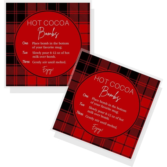 Crafters Cup Hot Cocoa Bomb Instruction Cards 30 Pack 2.5x2.5'' inches Square Card Hot Cocoa Bomb Supplies Black & Red Buffalo Plaid Design