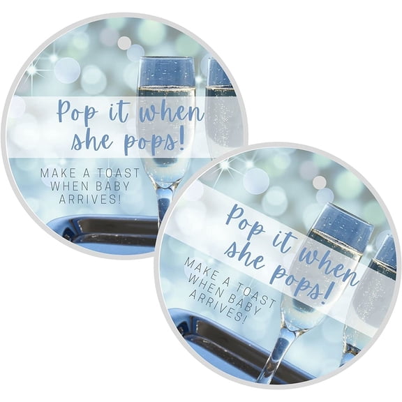 Crafters Cup Pop It When She Pops Champagne Tag  30 Pack  2.5' ' inch Circle Tag with Pre-Cut Hole  Baby Shower Party Favor Tag  Pink Champagne Design for Baby Girl Pop It Tag Blue