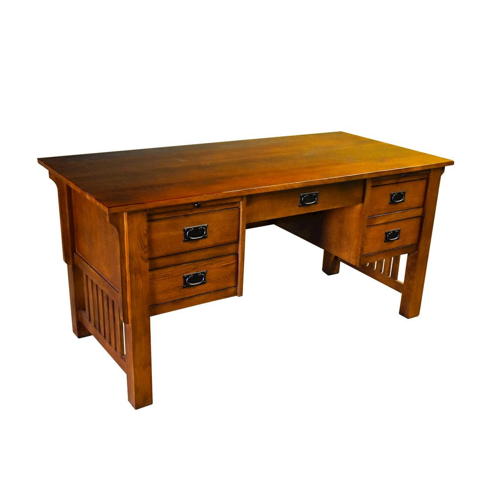Oak Brown 5-Drawer Arts and Crafts Desk
