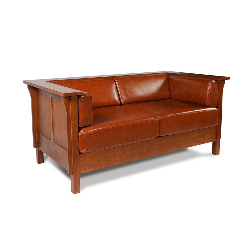 Russet Brown Leather and Oak Arts & Crafts Loveseat