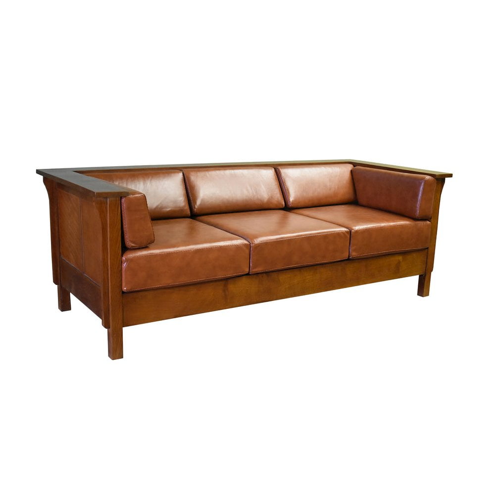 Russet Brown Leather and Oak Arts and Crafts Sofa