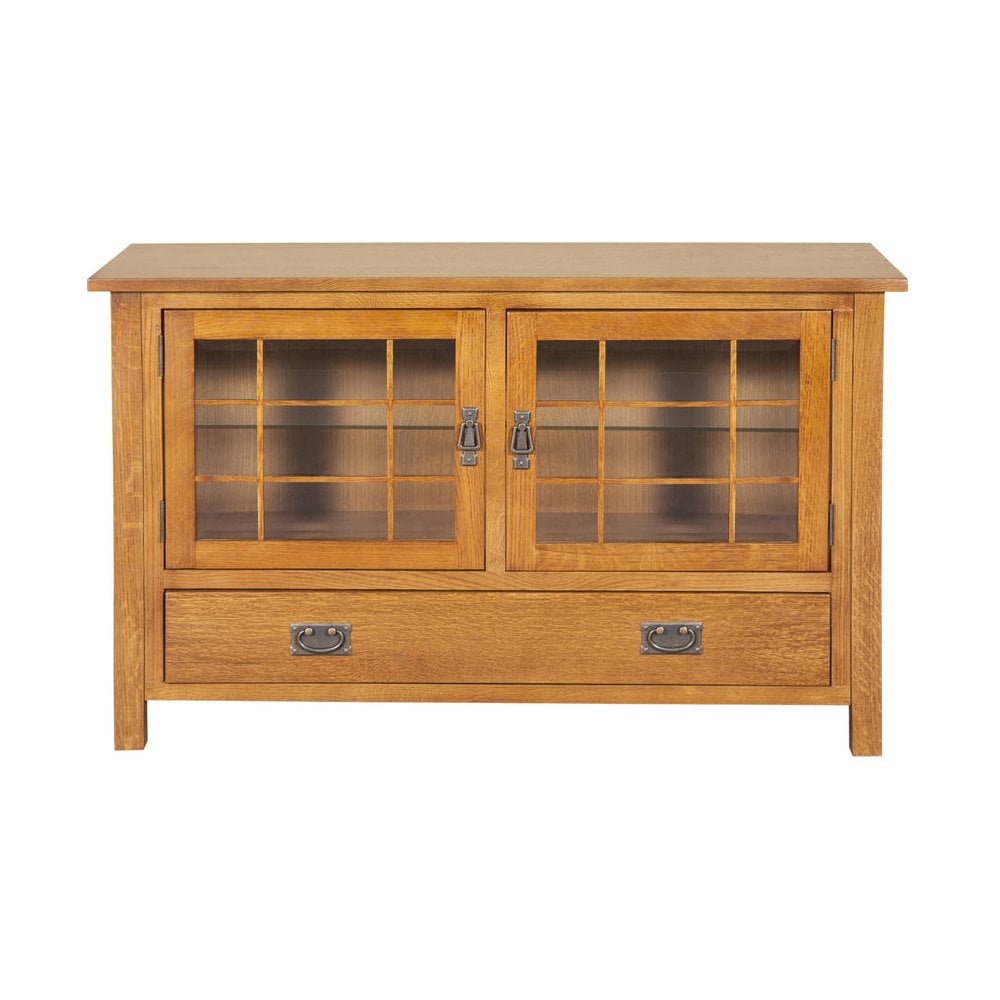 Light Oak Wood TV Stand with Glass Doors and Drawer