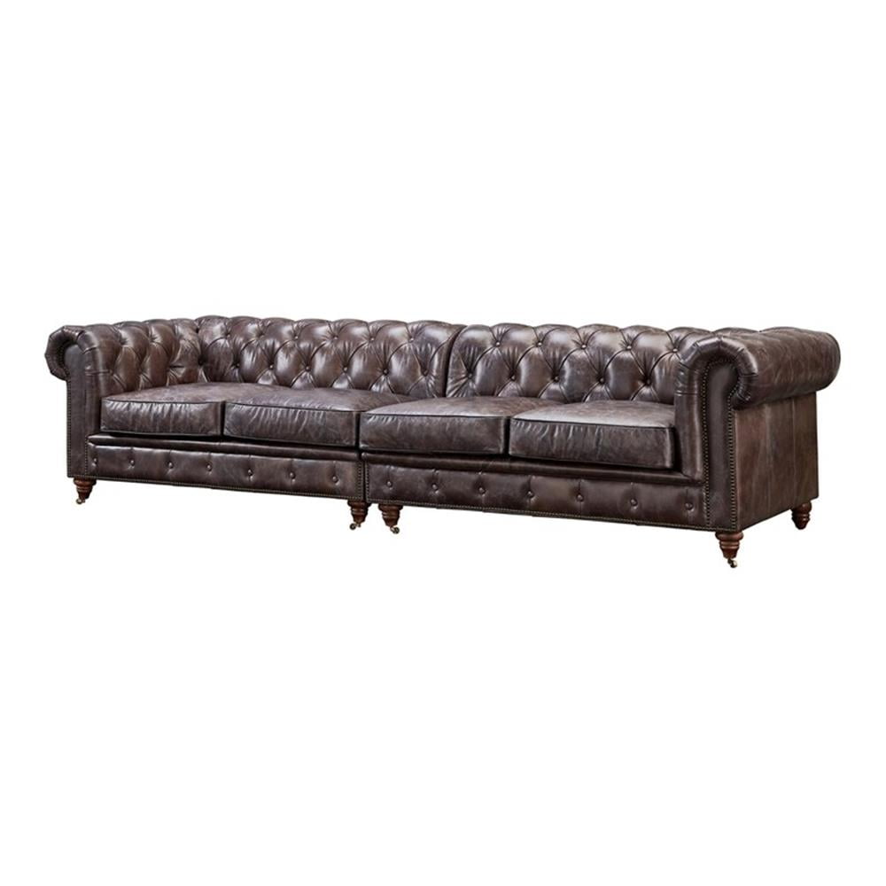 118" Dark Brown Genuine Leather Chesterfield Sofa with Rolled Arms