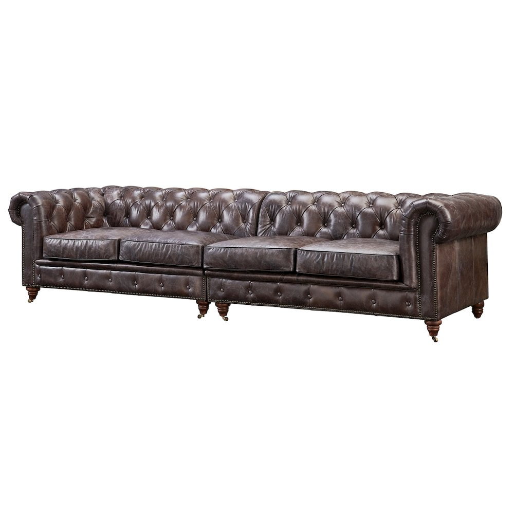 118" Dark Brown Genuine Leather Chesterfield Sofa with Rolled Arms