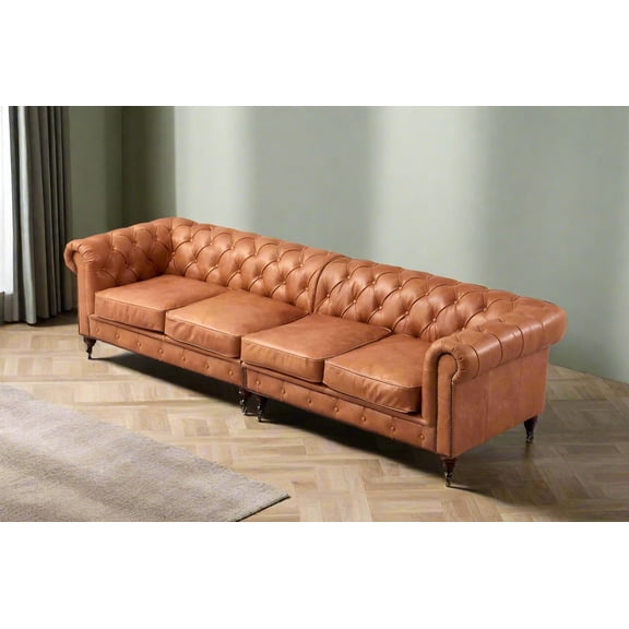 Crafters and Weavers Craftsman Mission 118" Leather Sofa in Light Chestnut