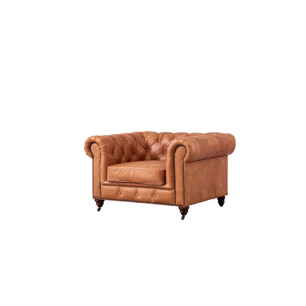 Light Chestnut Leather Chesterfield Armchair with Wood Legs