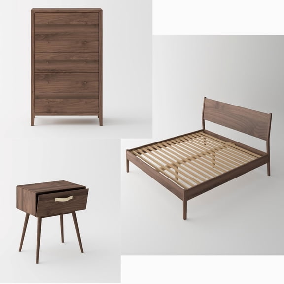 Crafters and Weavers Isabella Mid Century Solid Black Walnut Queen Bedroom Set