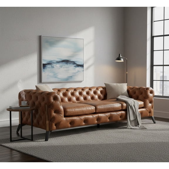 Crafters and Weavers Olivia Tufted Chesterfield Sofa in Light Brown Leather
