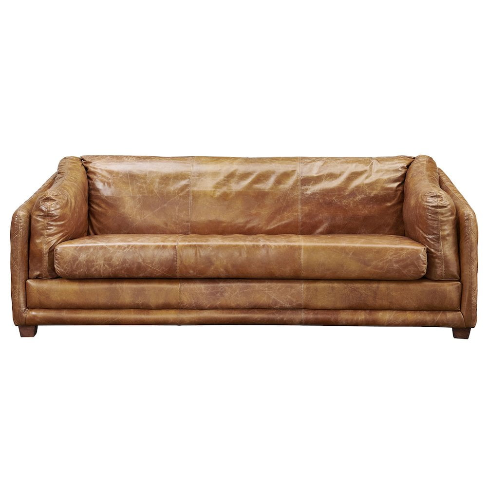 Waco Light Brown Genuine Leather Tuxedo Arm Sofa