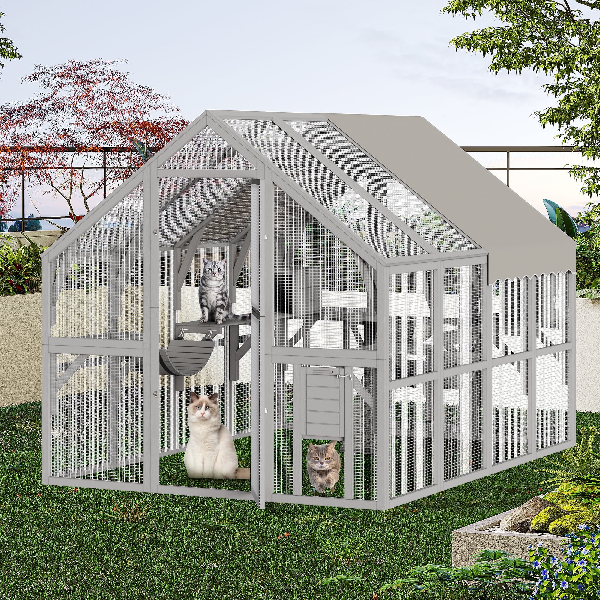 Craftian 110" Catio Outdoor Cat Enclosure Large Wooden Cat House with with Weatherproof Roof, Cat Scratcher Ramp, Space Capsule Bed, 2 Bridges, 2 Resting Houses, 7 Platforms for Multiple Cats
