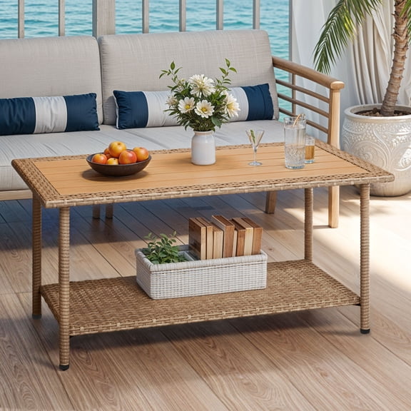 Craftian 2-Tier Patio Coffee Table with Shelf, Outdoor Side Table for Outside Patio Storage