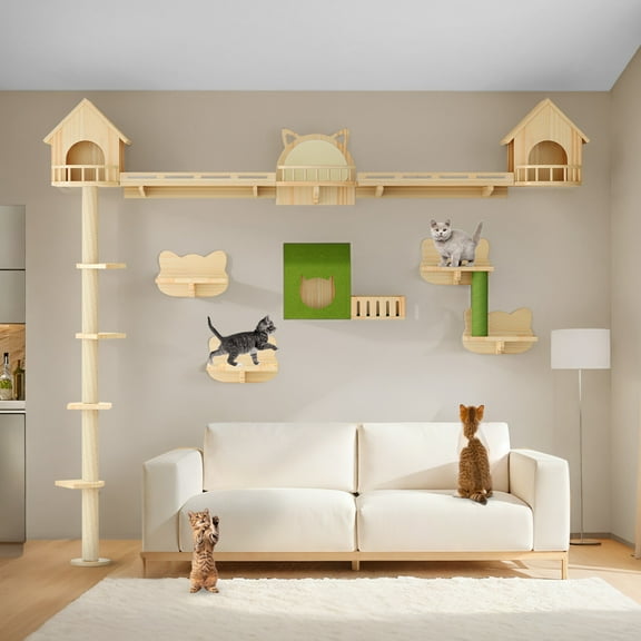 Craftian 21-Piece Cat Wall Shelves Set, Pine Wood Cat Wall Furniture with 3 Houses, 1 Cat Bed, 6 Sisal Posts and 2 Tunnels, Fun Cat Shelves and Perches for Wall, Cat Climbing Shelf and Steps