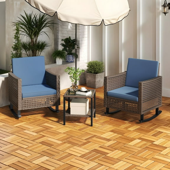 Craftian 3-Piece Outdoor Rocking Chairs, Wicker Patio Furniture with Thickened Cushions and Table for Porch (Brown Blue)