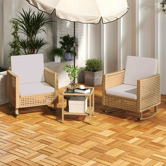 Craftian 3-Piece Outdoor Rocking Chairs, Wicker Patio Furniture with Thickened Cushions and Table for Porch (Brown White)