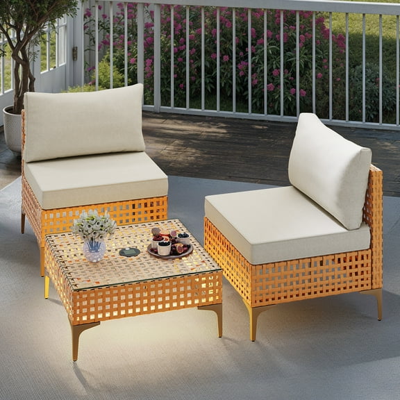 Craftian 3 Pieces Wicker Patio Bistro Set, Outdoor Furniture Conversation Set of 2 Sofa Chairs with Cushions & Solar Light Coffee Table