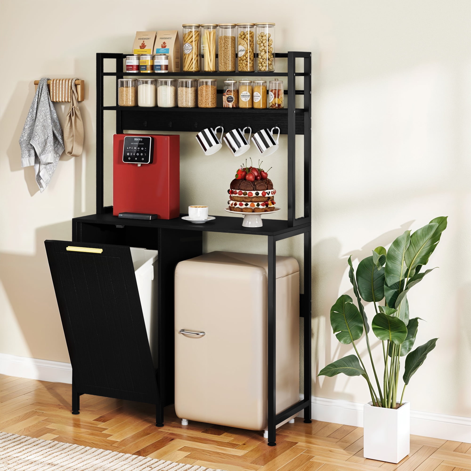 Craftian 3-Tier Mini Fridge Bakers Rack with 10-gal Trash Cabinet & Charging Station, Black