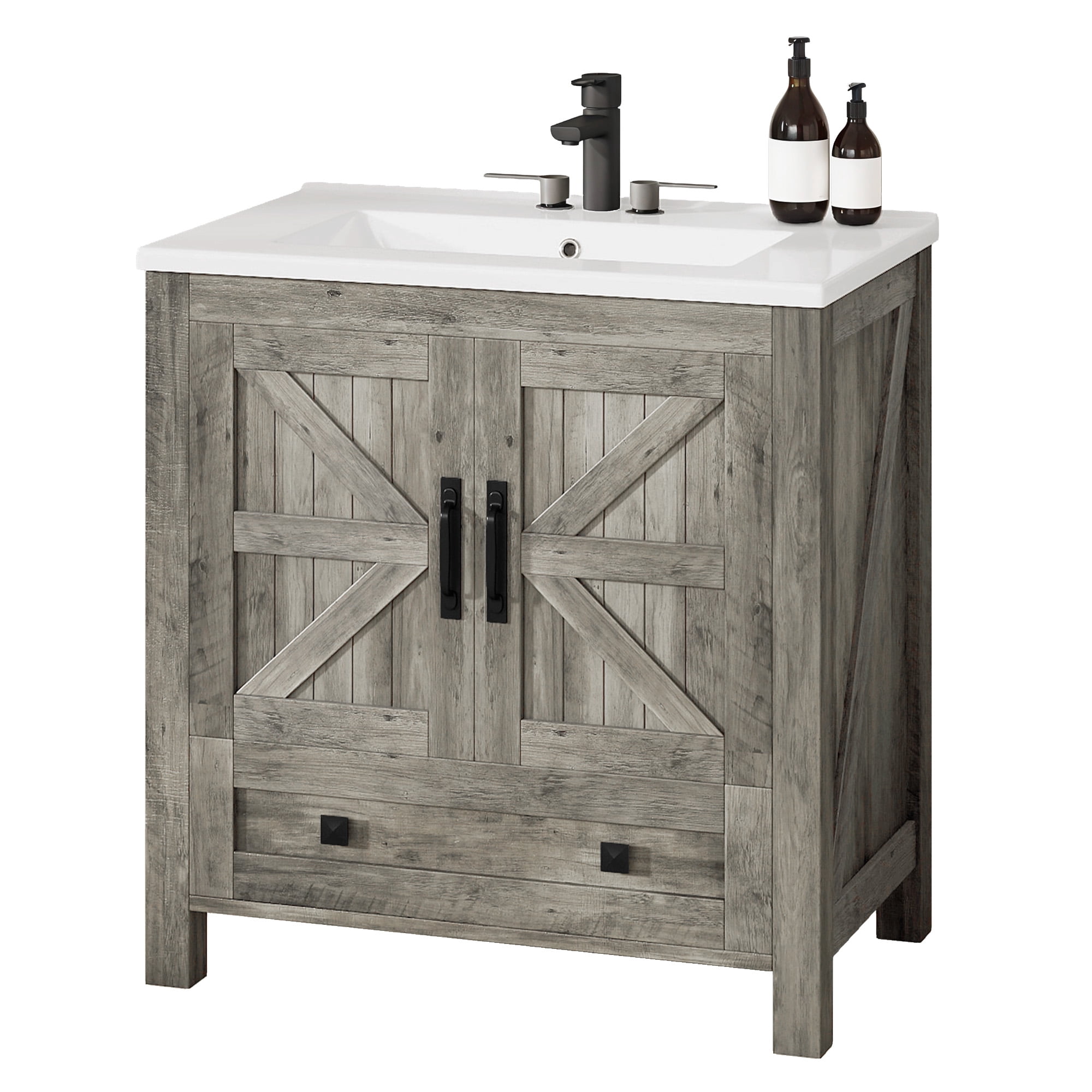 Craftian 30" Bathroom vanity with Sink Top, Farmhouse Bathroom Storage Cabinet with Drawers, Gray