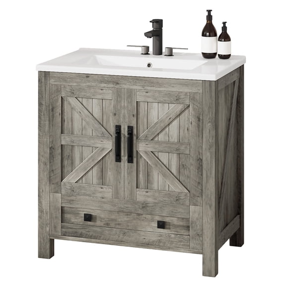 Craftian 30" Bathroom vanity with Sink Top, Farmhouse Bathroom Storage Cabinet with Drawers, Gray