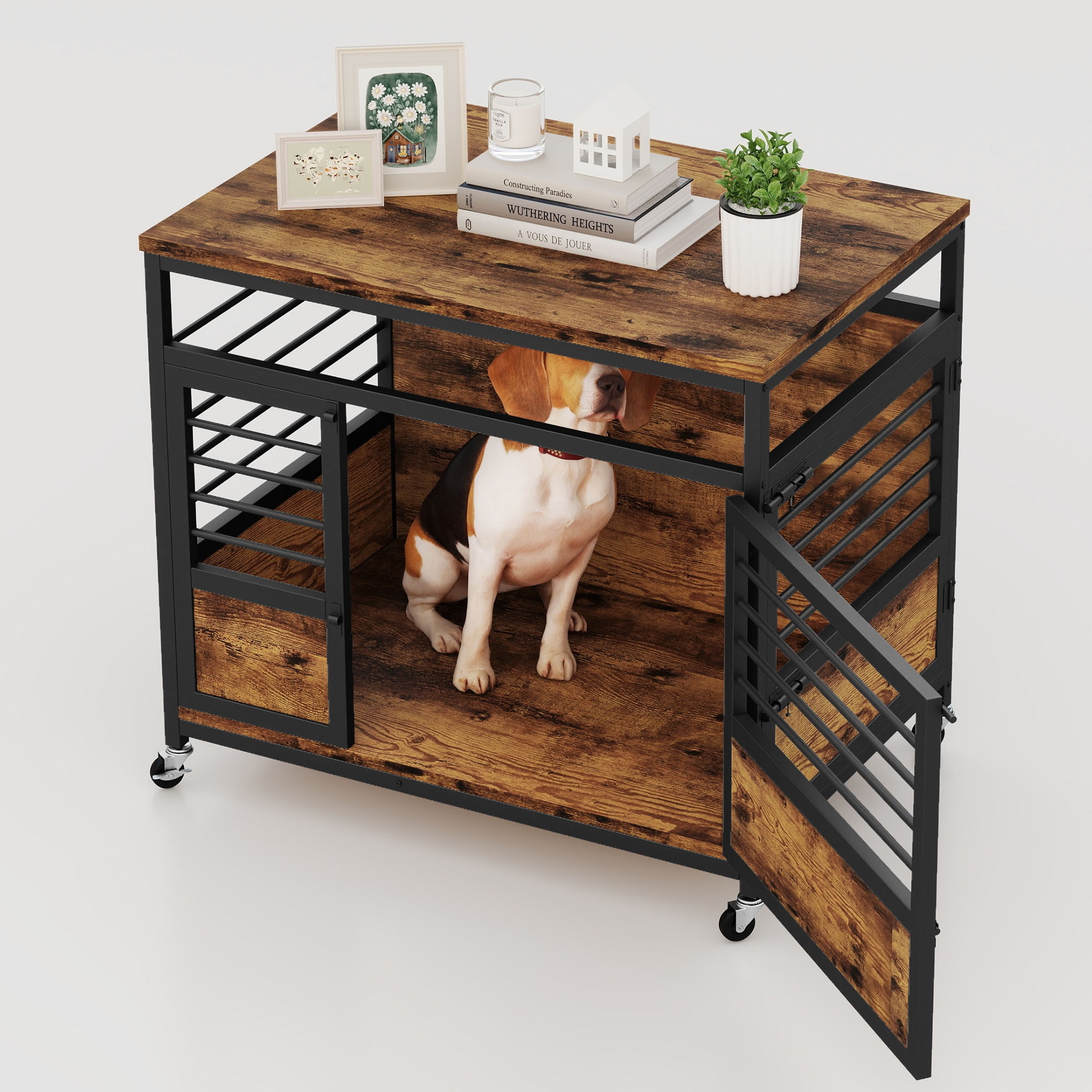 Craftian 32 Inch Dog Crate Furniture, Dog Kennel Indoor with Wheels and Removable Tray,End Table Dog Crate - Rustic Brown & Black