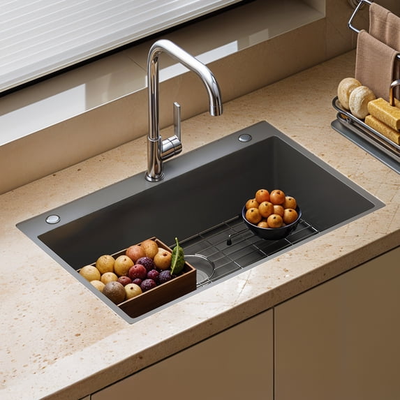 Craftian 33" Drop-In Black Stainless Steel Kitchen Sink, Single Bowl, Top Mount with Bottom Grid