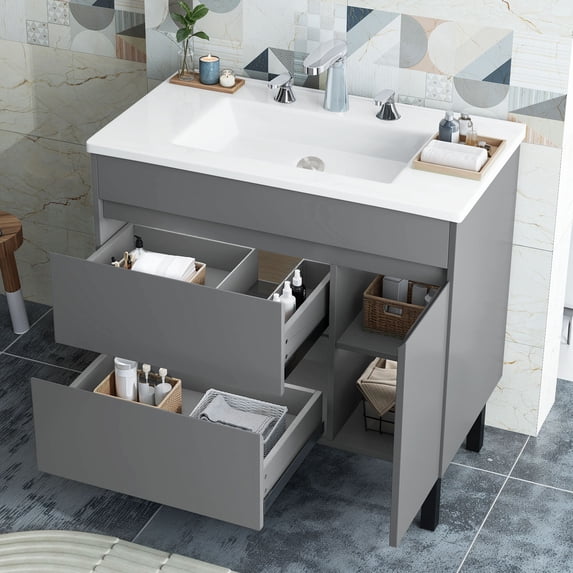 Craftian 37" Bathroom Vanity with Top Sink, Modern Free Standing Bathroom Storage Cabinet with Soft Close Door, Gray