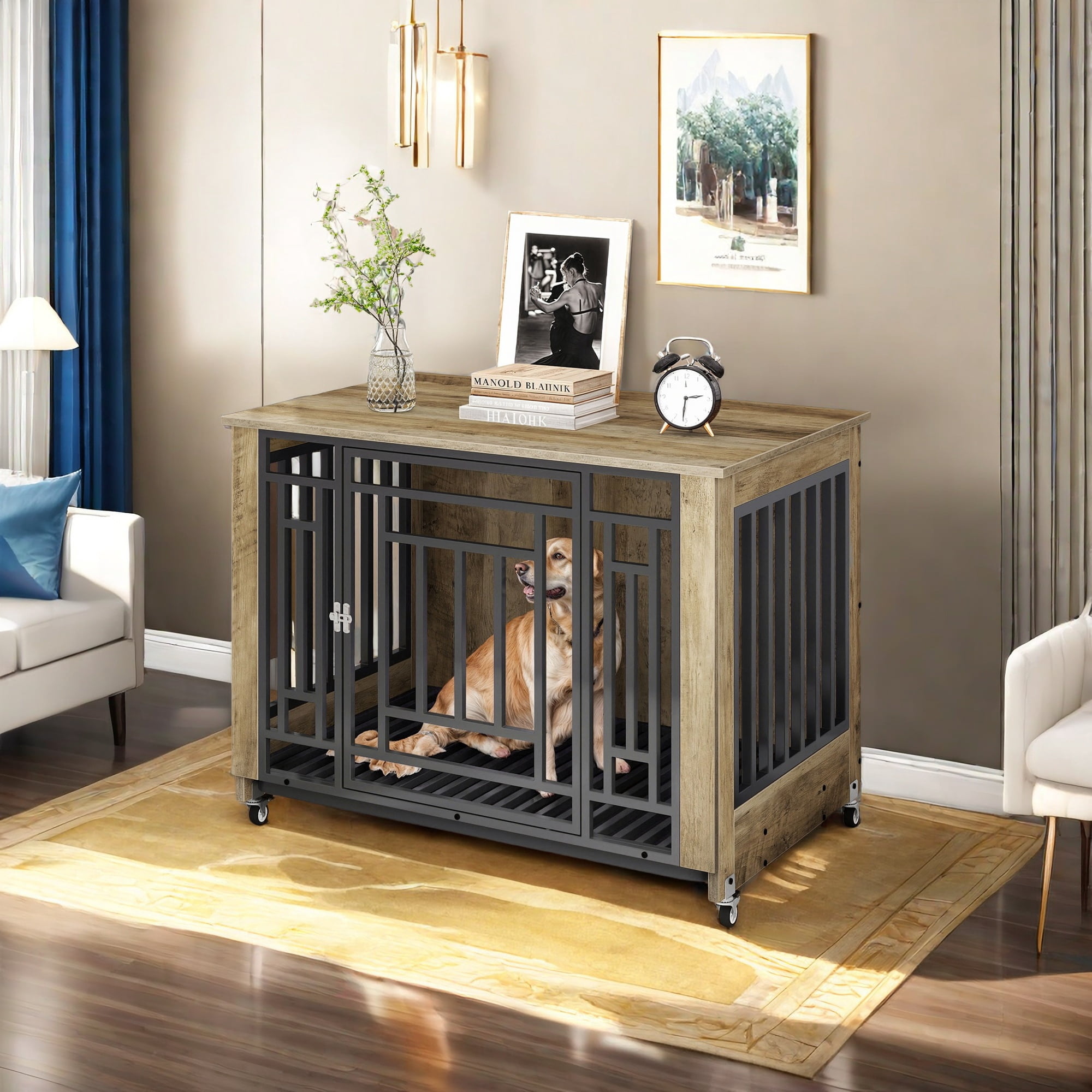 Craftian 38.2 inch Dog Kennel Furniture, Indoor Dog Crate Furniture with Wheels, Ideal for Small Medium Large Dogs - Greige