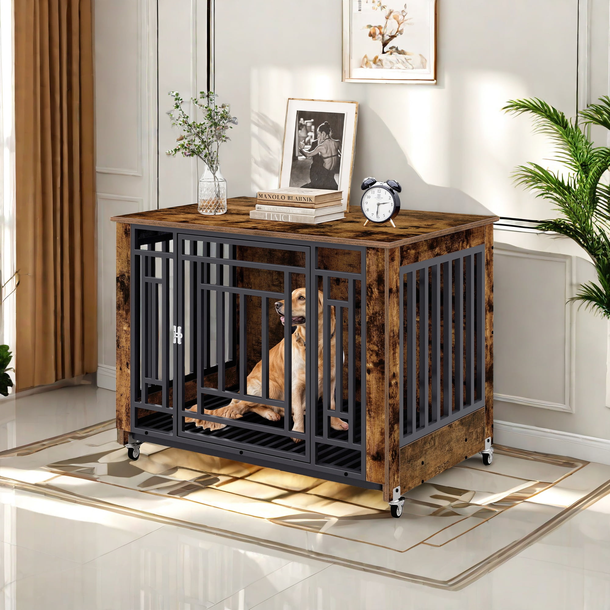 Craftian 38.2 inch Dog Kennel Furniture, Indoor Dog Crate Furniture with Wheels, Ideal for Small Medium Large Dogs - Rustic Brown