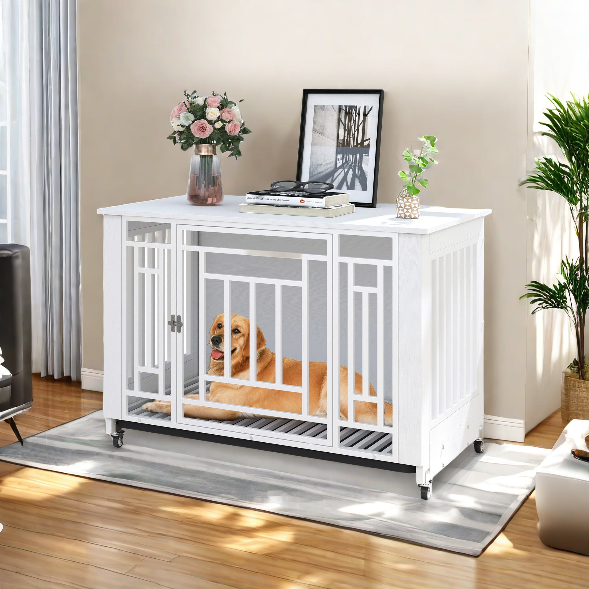 Craftian 38.2 inch Dog Kennel Furniture, Indoor Dog Crate Furniture with Wheels, Ideal for Small Medium Large Dogs - White