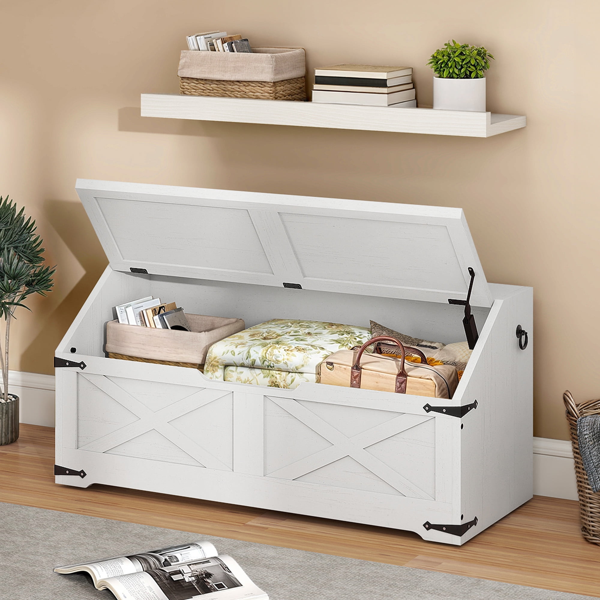Craftian 39.4 Storage Chest with 4 Wheels Wooden Storage Bench Lift Top Toy Chest Storage Trunk with Safety Hinges Large Toy Box Entryway Bench