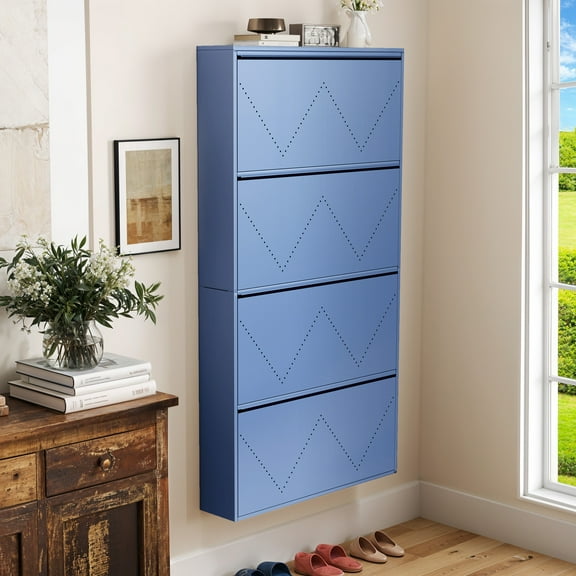 Craftian 4-Drawer Shoe Storage Cabinet, Wall Mount Metal Shoe Rack Organizer, Blue