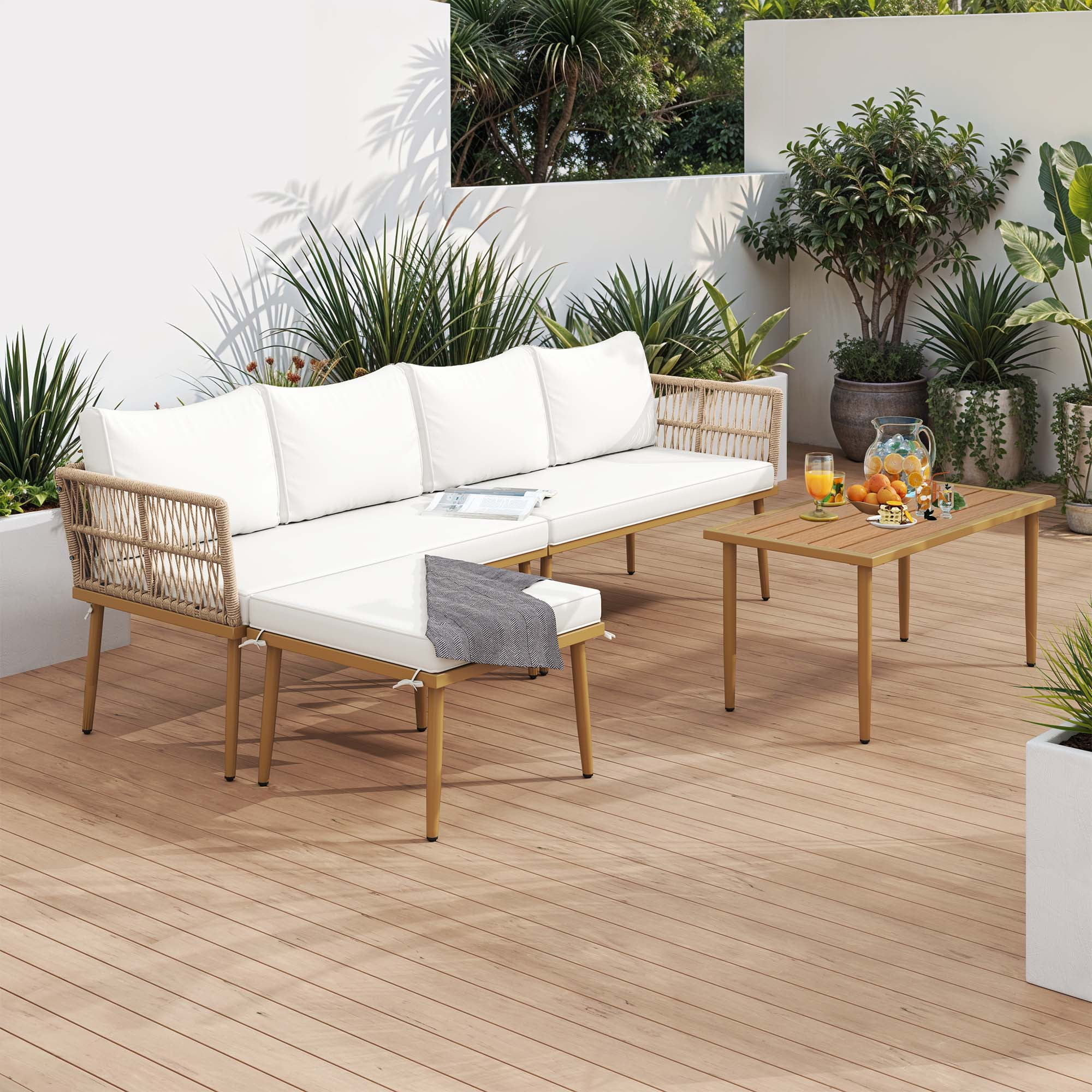 Craftian 4-Piece Outdoor Patio Conversation Set, Patio Furniture Set with Side Table - Beige