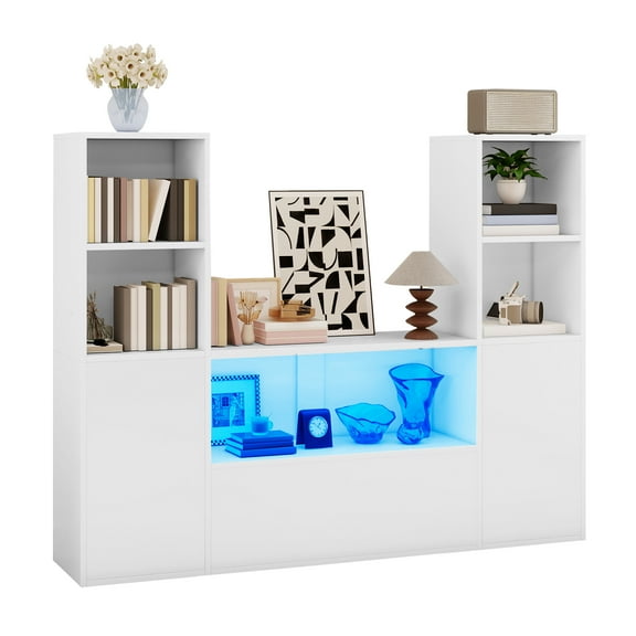 Craftian 4-Tier U-Shaped Bookcase, Castle Bookshelf with Cabinet &LED Light, Cube Storage Organizer, White