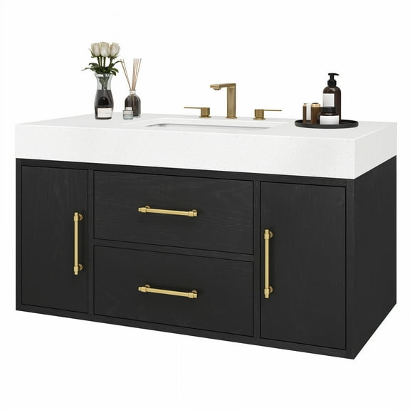 Craftian 40 inch Wall Mounted Bathroom Vanity 2 Doors & 2 Drawers, Floating Bathroom Cabinet, Black