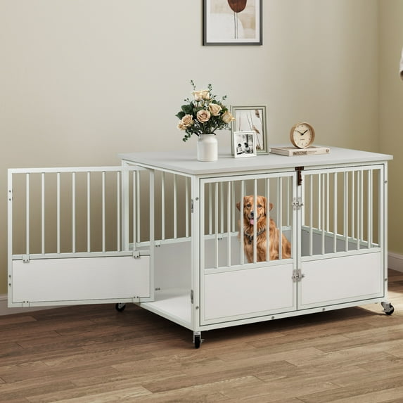Craftian 43.3" Dog Crate Furniture with Double-Doors, Wooden Indoor Dog Kennel,Dog Cage for Indoor - White