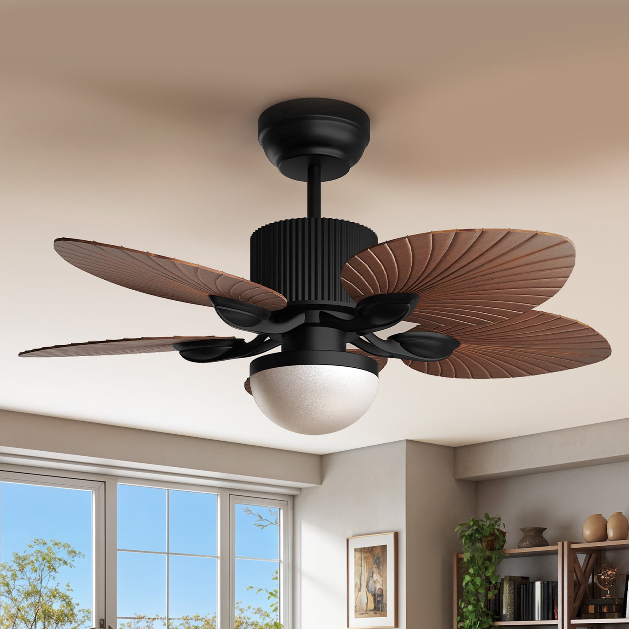 Craftian 44"  Tropical Ceiling Fan with Lights and Remote,5 Palm Leaf Blades, 3-Color LED, Timer & Memory, Indoor/Outdoor - Walnut