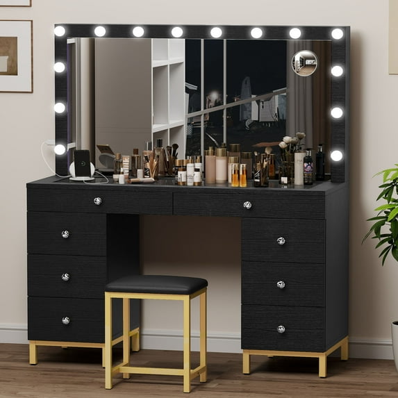 Craftian 45.5" Large Makeup Vanity Desk Set with Mirror and Lights, Dressing Table with Charging Station, Makeup Table with 8 Drawers - Black
