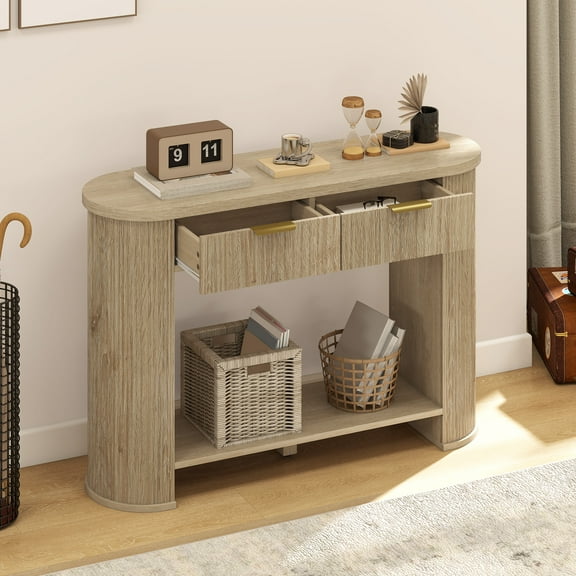 Craftian 47.2" Fluted Entryway End Table with Drawer & Storage Shelf, Rustic Console Table, Oak