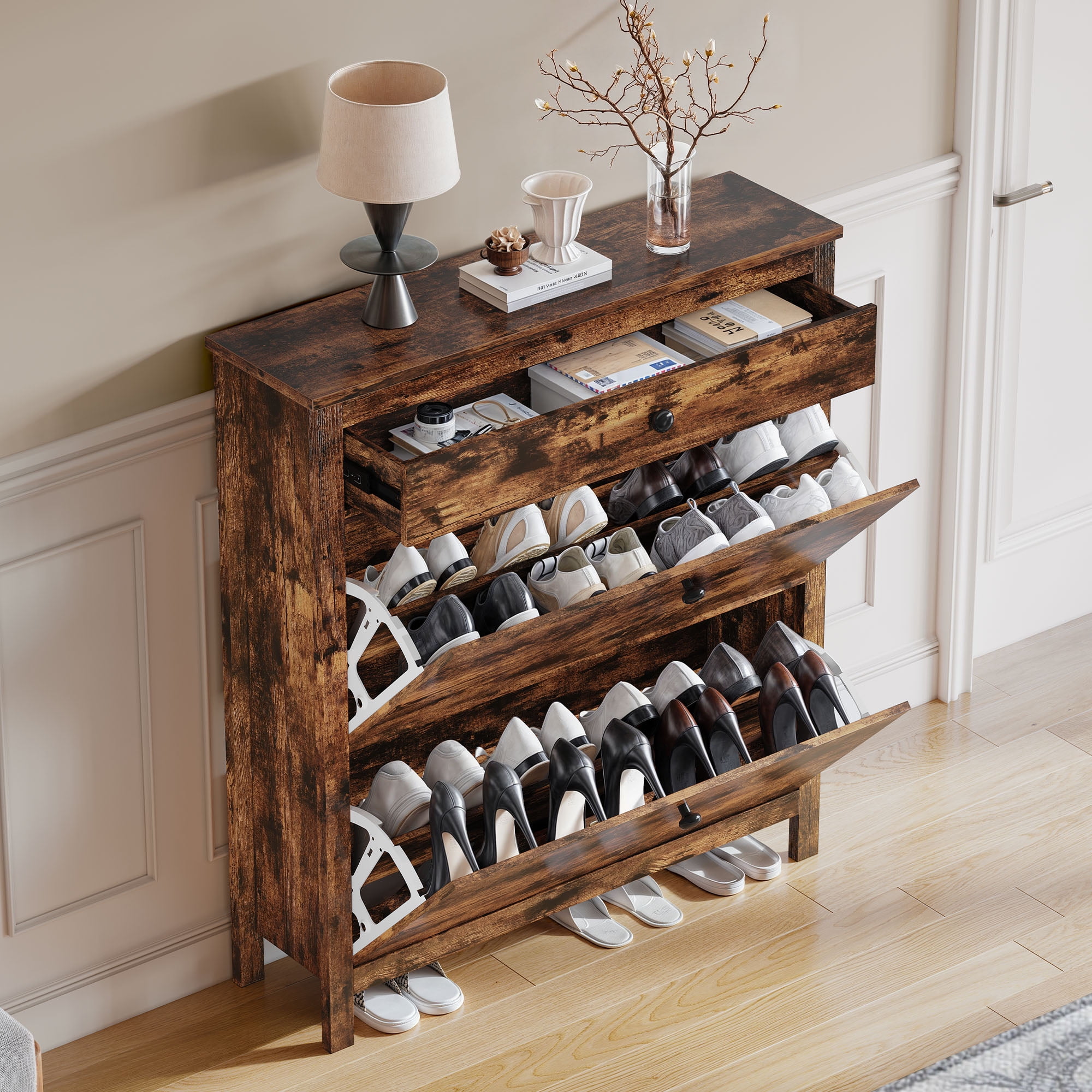 Rustic Brown Wood Shoe Cabinet with Flip Drawers