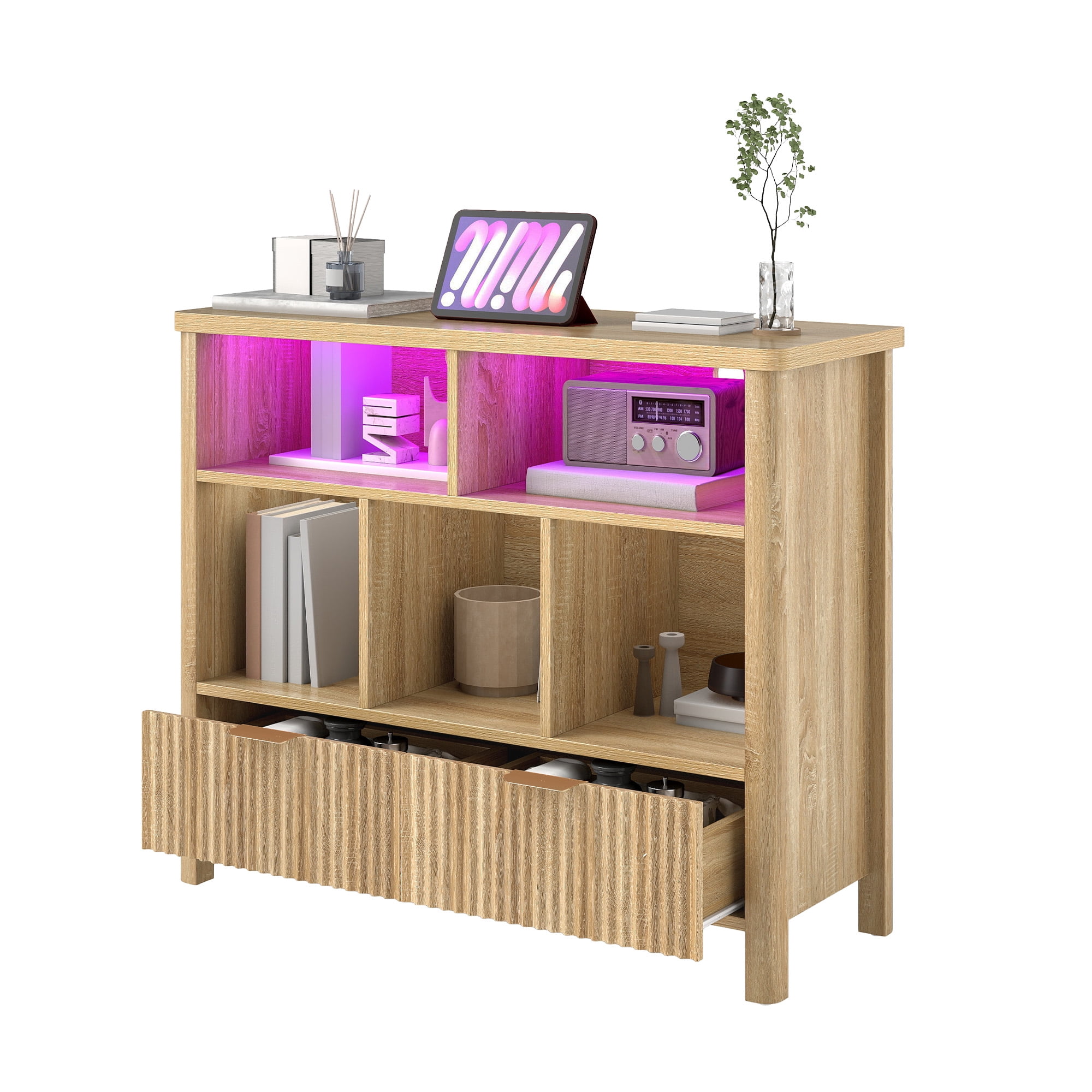 Craftian 5 Cube Bookcase with LED Light, Modern 3 Tier Bookshelf with Drawers for Home Office