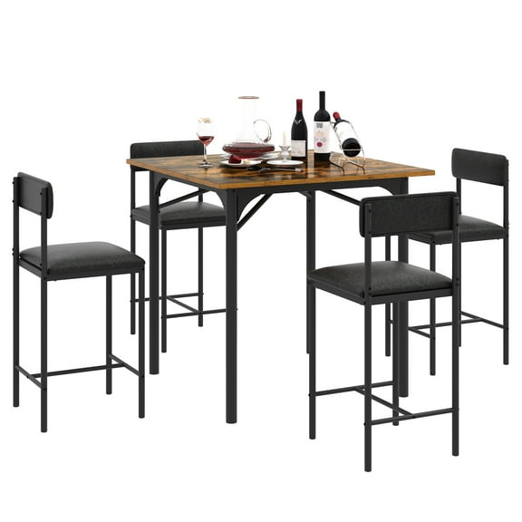 Craftian 5-Piece Height Dining Room Set for 4, Industrial Bar Table and Chairs Set, High Kitchen Table with 4 Barstools for Kitchen and Dining, Brown