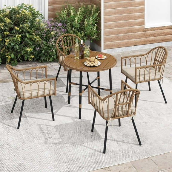 Craftian 5 Pieces Patio Dining Set,Outdoor Round Dining Table with 2" Umbrella Hole and 4 Holders, 4 PE Rattan Chair with Comfortable Cushions - Beige
