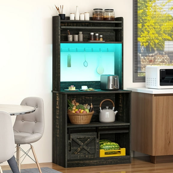 Craftian 5-Tier Bakers Rack with Hooks & LED Lights, Microwave Stand with Power Outlets, Brown