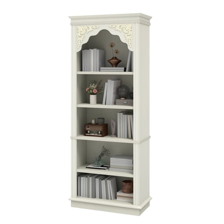 Craftian 5-Tier Bookcase, Vintage Arched Tall Bookshelf with Adjustable Shelves, White Open Display Rack, 23.6"