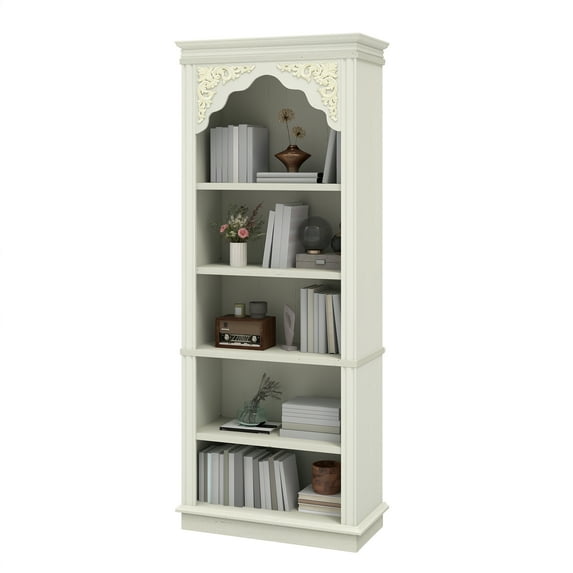 Craftian 5-Tier Bookcase, Vintage Arched Tall Bookshelf with Adjustable Shelves, White Open Display Rack, 23.6"
