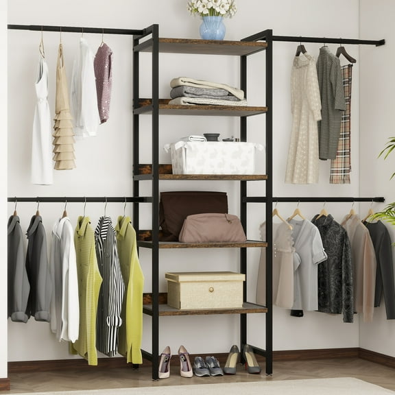 Craftian 5-Tier Closet Organizer System, Walk In Closet Organizer with 4 Expandable Hanger Rods - Black